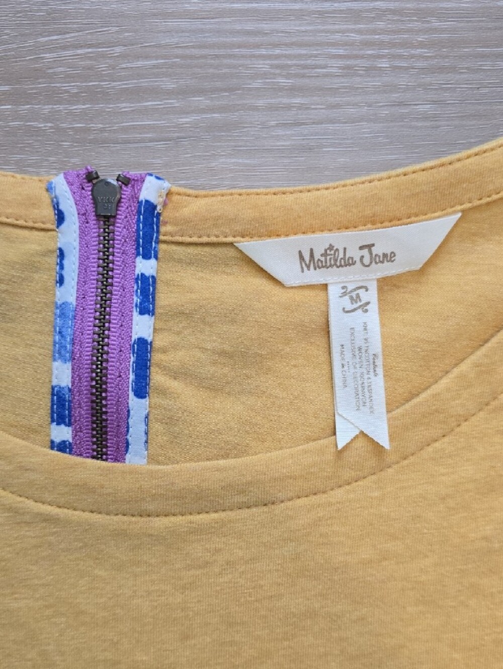 Matilda Jane Mustard Yellow Top with Blue & Purple Zip Trim - Picture 3 of 8